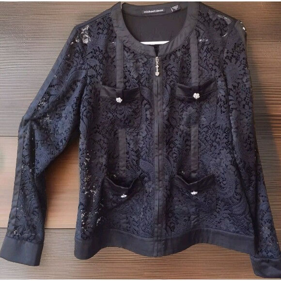 Michael Simon Black Jacket Floral Lace Sz M Crochet Cotton W/ Satin Trim - Picture 1 of 11